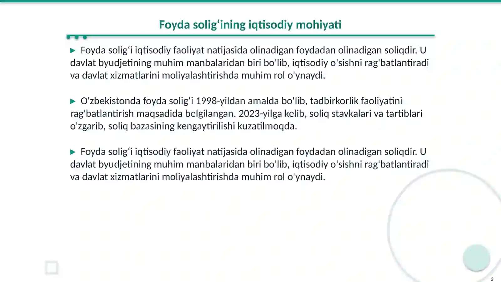 Foyda solig‘ining iqtisodiy mohiyati va soliq bazasini aniqlashda chegirilmaydigan xarajatlarning ahamiyati hamda undagi muammolar 3
