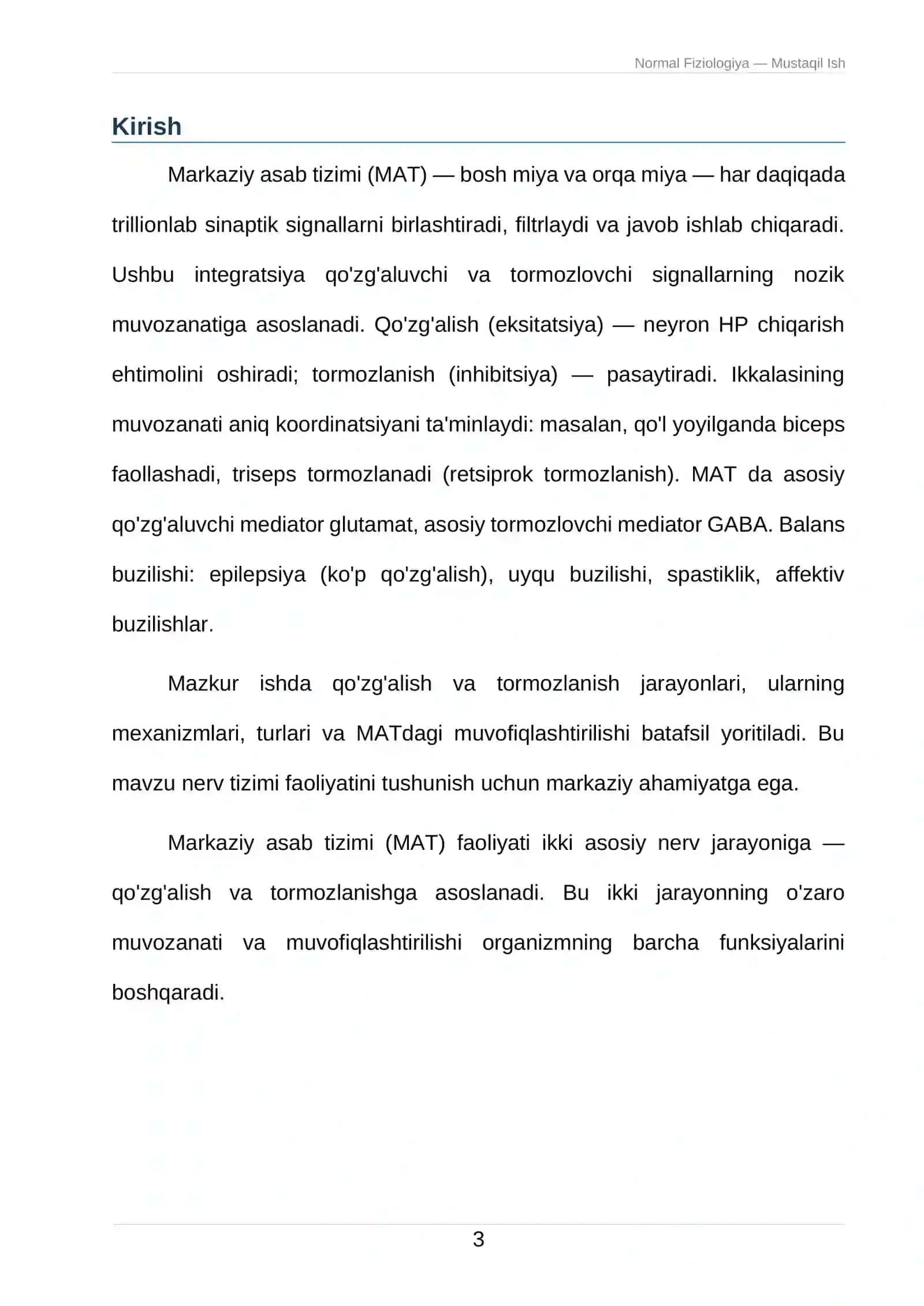 Odam va hayvonlar fiziologiyasi — Mustaqil Ish 3