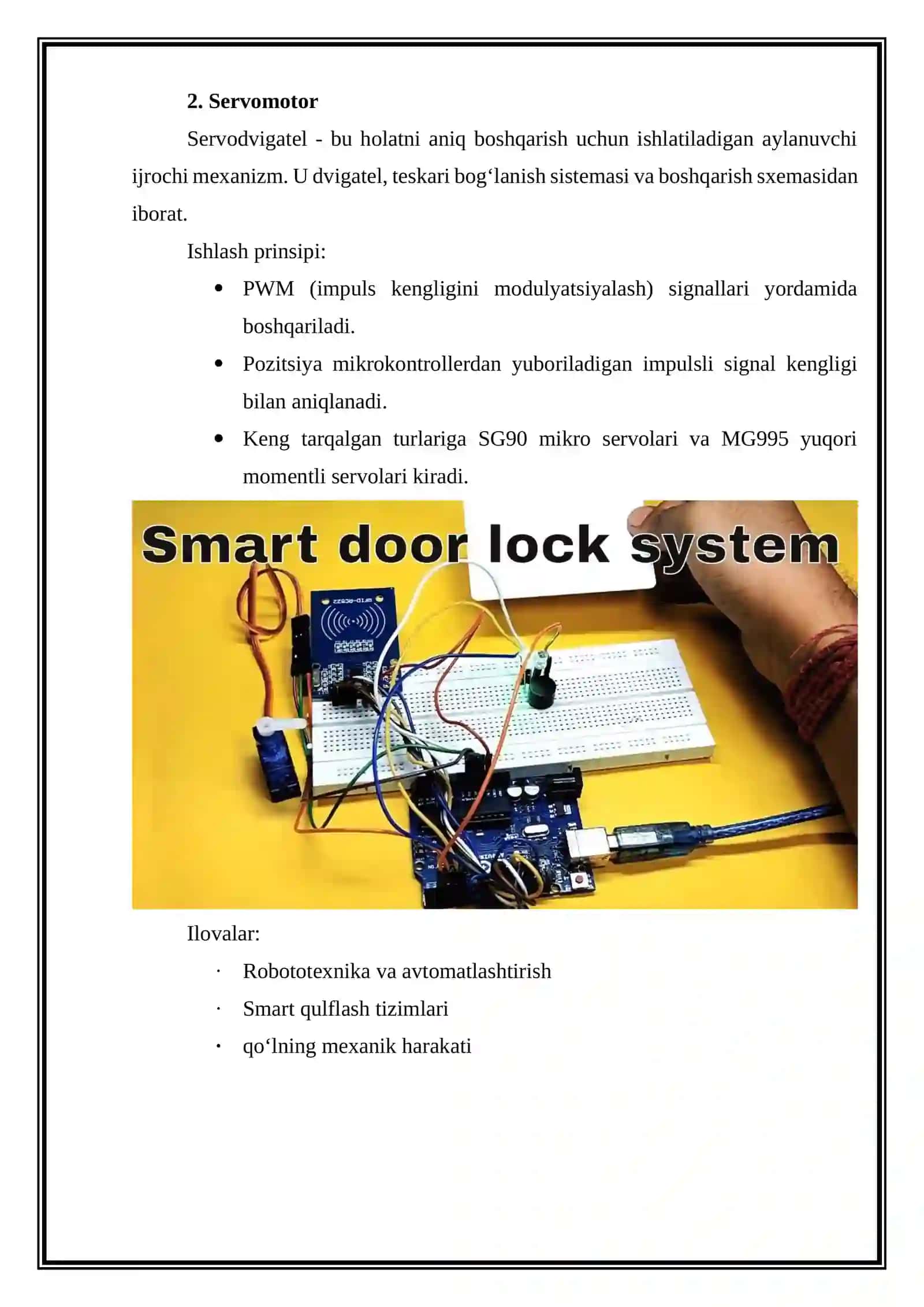 Radiochastotali identifikator va servomotor yordamida loyiha ishlab chiqish. Amaliy ish 3