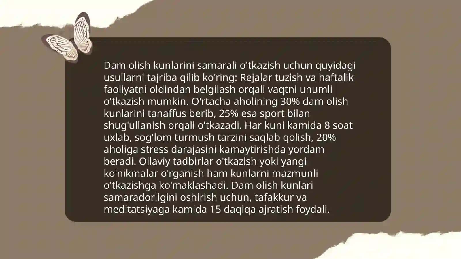 Dam olish kunlarini mo'l-ko'l qilish usullari 3