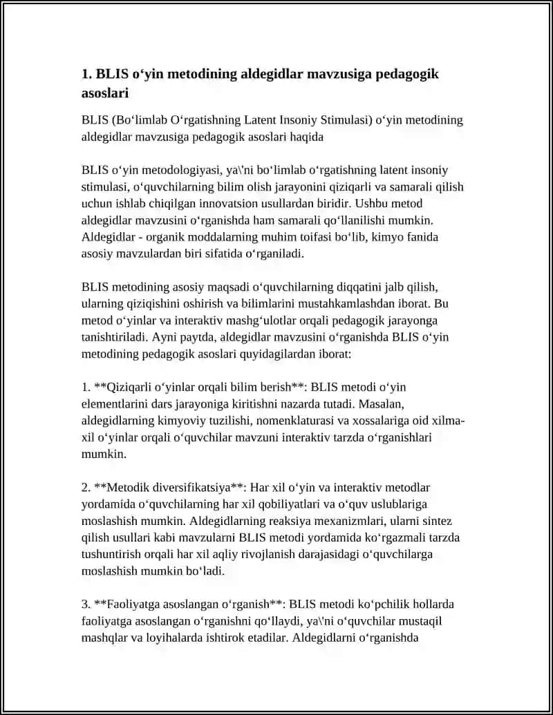 ALDEGIDLAR MAVZUSINI OʻQITISHDA BLIS OʻYIN METODIDAN FOYDALANISH 3