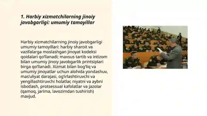 Qonun buzuvchilarga qarshi kurashishni tashkil qilish harbiy xizmatchilar va harbiy o'quv yig'inlar ga chaqirilganlarning jinoiy javobgarligi harbiy adliya va surishtiruv organlari jinoiy sud jarayoni O'zbekiston Respublikasi jinoyat kodeksi 3