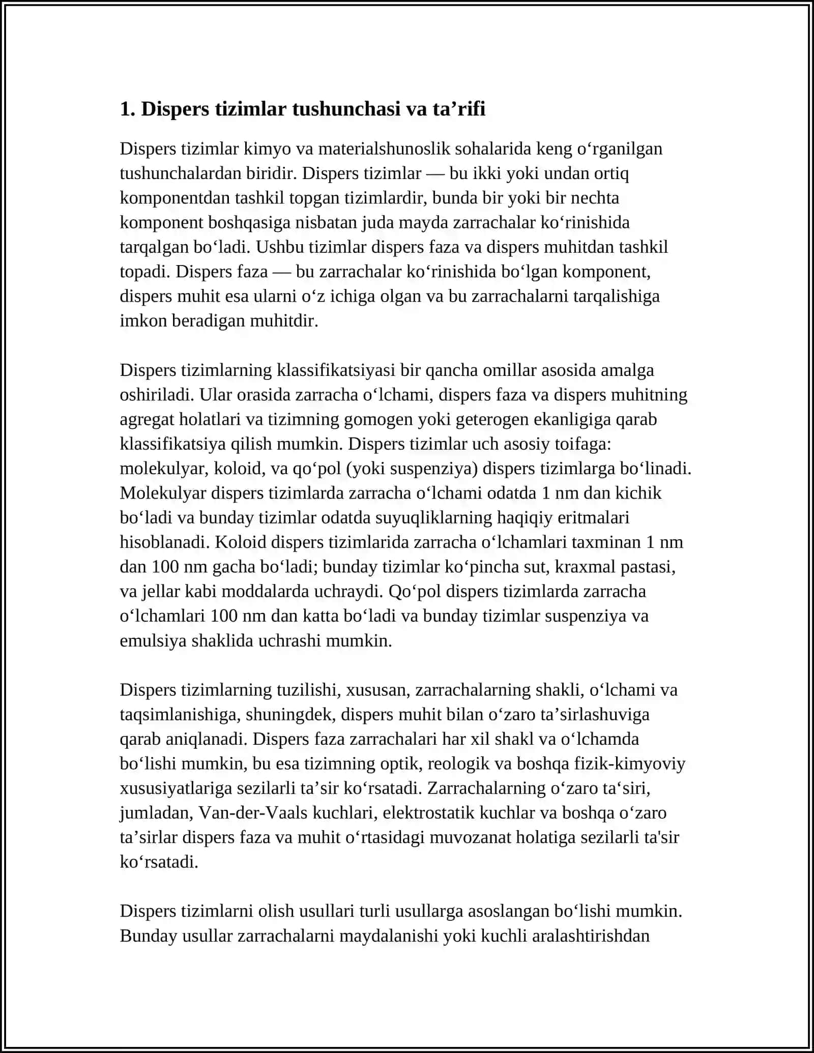 DISPERS SISTEMELAR.DISPERS SISTRMALARNING KLASSIFIKATSIYASI, TUZILISHI, OLINISHI 3