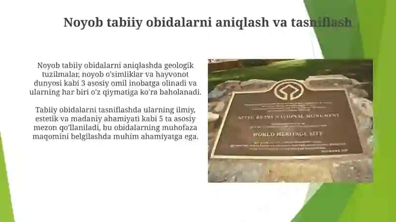 Noyob tabiat yodgorliklaridan foydalanish va muhofaza etish 3