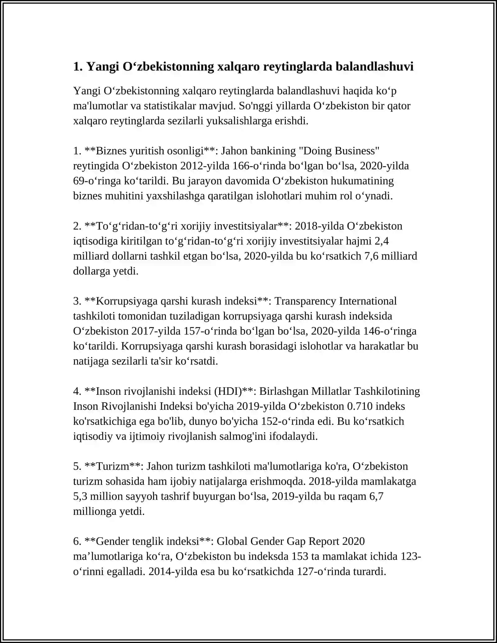 YANGI O'ZBEKISTON IJTIMOIY-SIYOSIY, IQTISODIY VA MA'DANIY HAYOTIDA RO'Y BERAYOTGAN O'ZGARISHLARNING XALQARO REYTING VA INDEKSLARDA AKS ETISHI 3