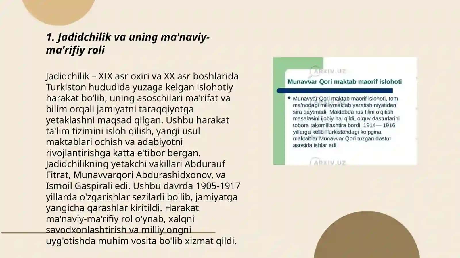 Jadid ma'rifatparvarlarining oʻlka ijtimoiy-ma'naviy hayotida tutgan o'rni (Munavvar Qori, Fitrat, Behbudiy, Avloniy va boshq.) 3