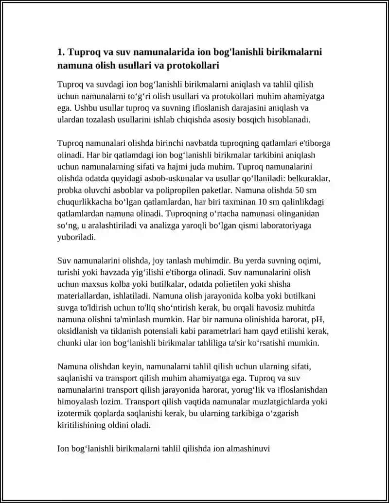 TUPROQ VA SUVNING IFLOSLANISHIDA ION BOG'LANISHLI BIRIKMALARNI ANIQLAB, ULARDAN TOZALASH USULINI ISHLAB CHIQISH 3