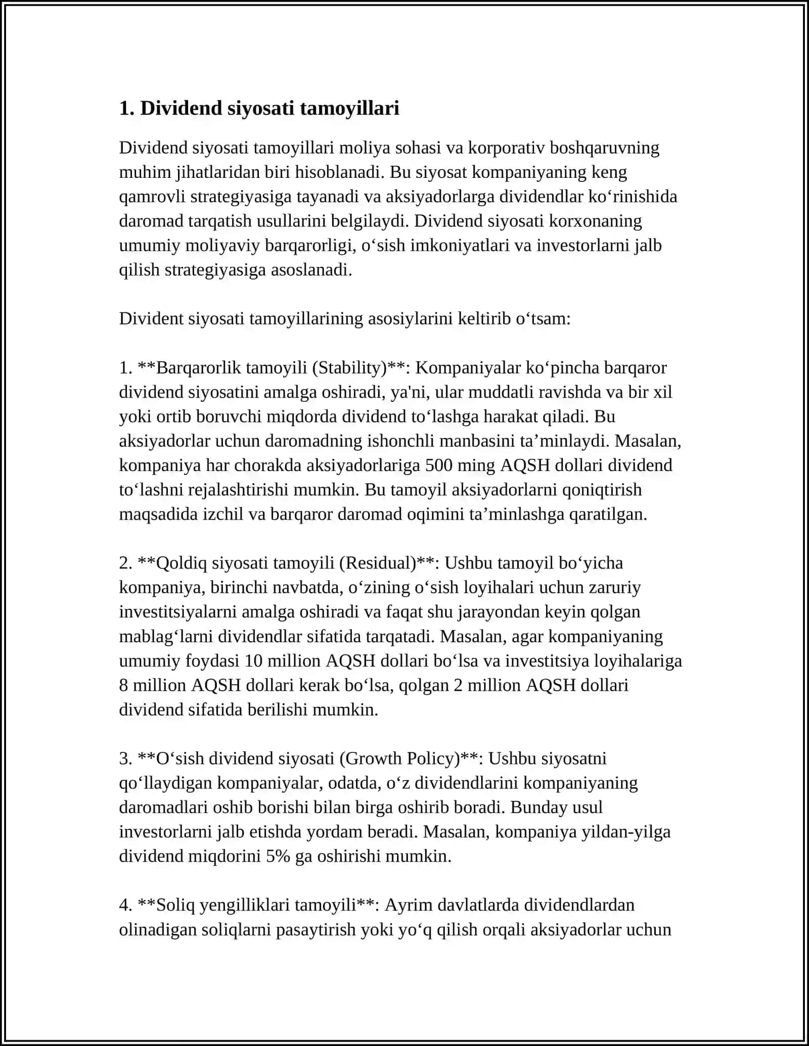 DIVIDEND BILAN BOGʻLIQ QARORLAR. XULOSA VA TAKLIFLAR 3