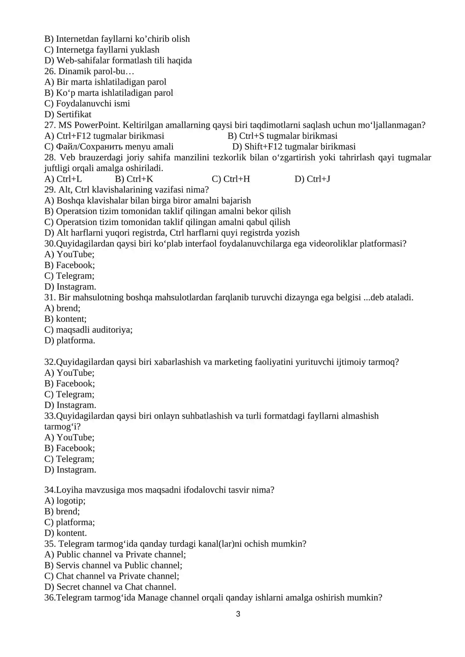 Boshlang’ich ta’limda AKT fanidan yakuniy nazorat test savollari 3