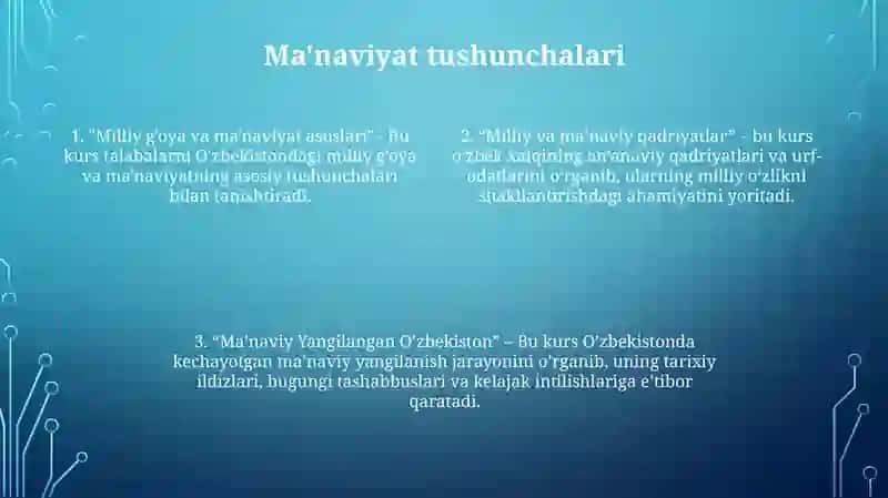 "Milliy G‘Oya, Ma’Naviyat Asoslari Va Huquq Ta’Limi" Bakalavriat Ta’Lim Yо‘Nalishida О‘Qitiladigan Milliy G‘Oya Va Ma’Naviyat Asoslari Turkumiga Kiruvchi Fanlar 3