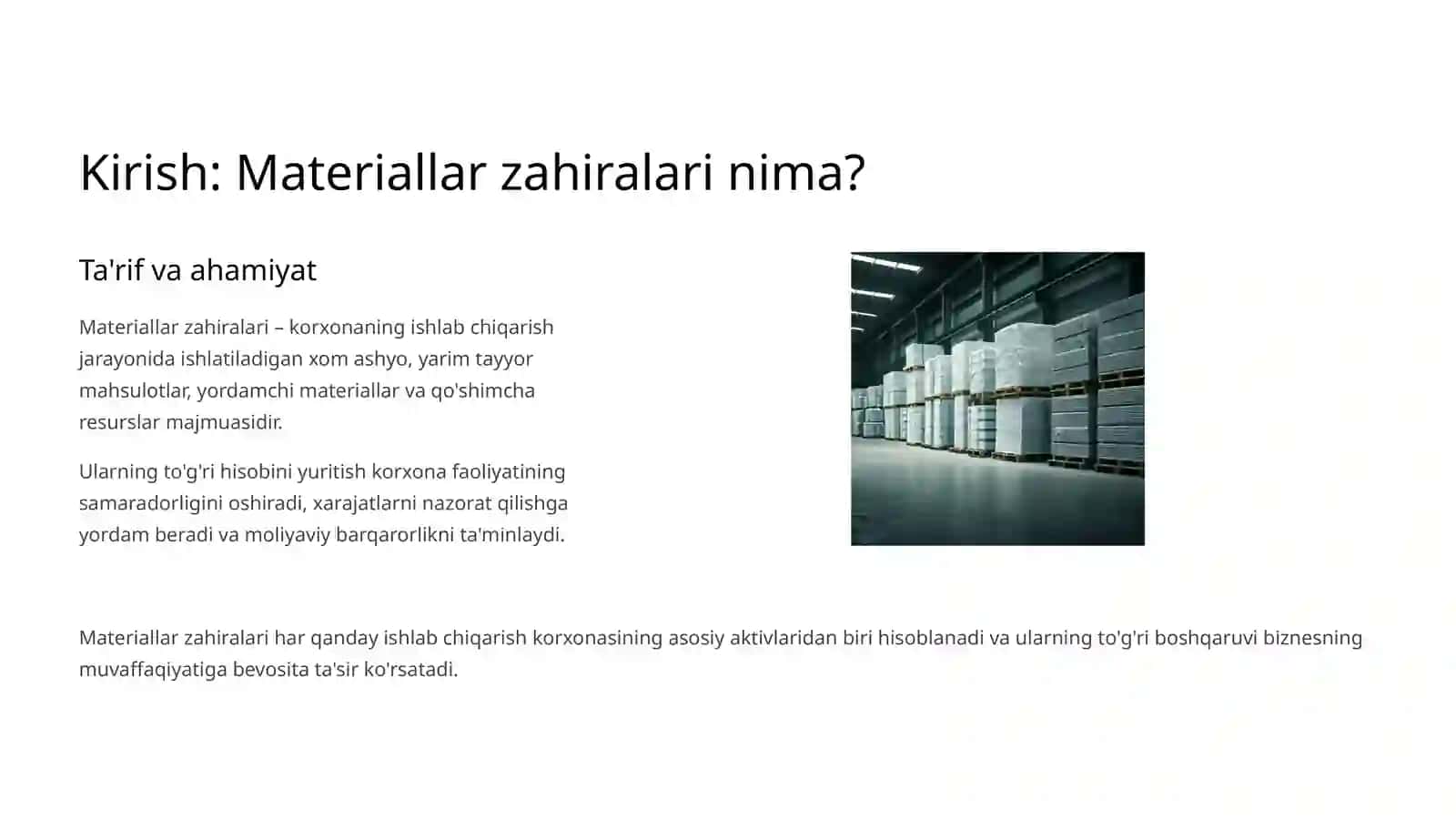 Materiallar zahiralarini turkumlash va hisobning vazifalari 3