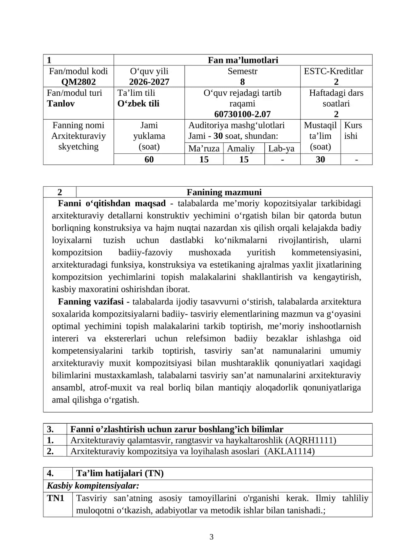 Arxitekturaviy skeytching fanining o‘quv dasturi 3
