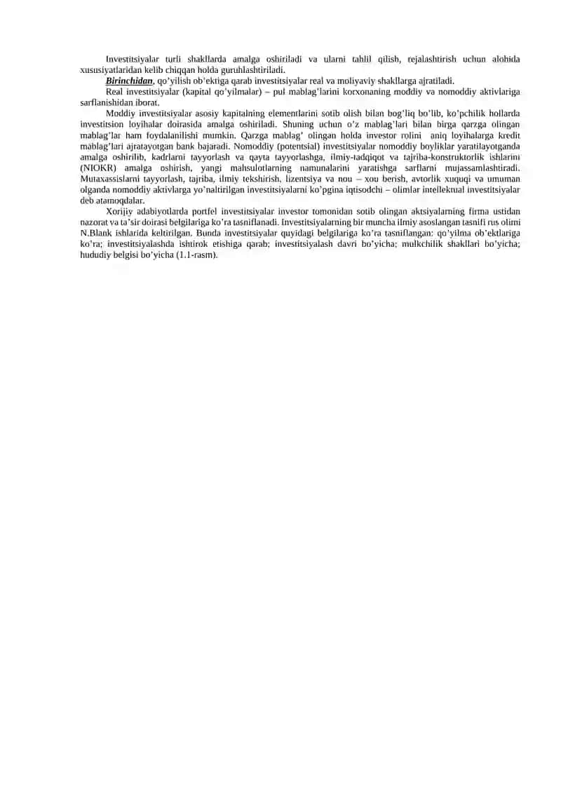 Investitsiyalarning asosiy belgilari bo’yicha turkumlanishi 3