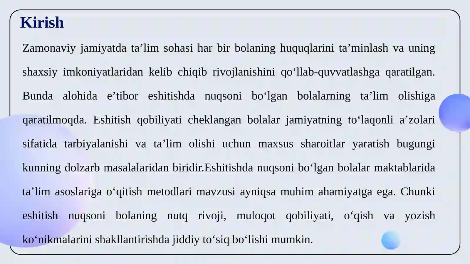ESHITISHDA NUQSONI BO‘LGAN BOLALAR MAKTABLARIDA TAʼLIM ASOSLARIGA O‘QITISH METODLARI 3