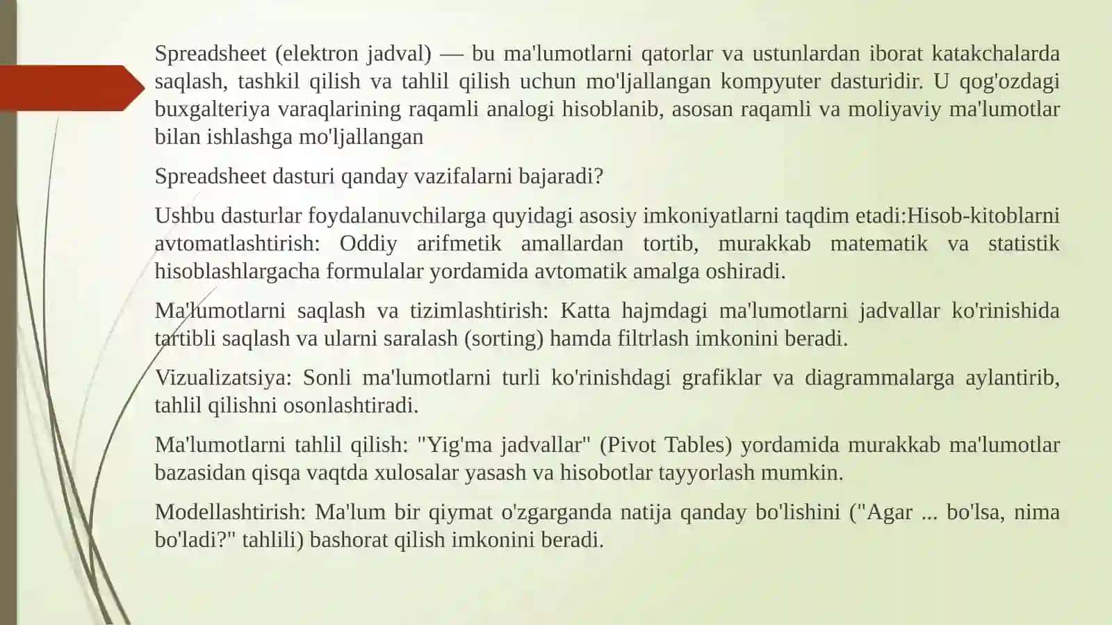 "Spreadsheet" dasturiy ta’minoti funksiyalari mavzusidagi taqdimot ishi 3