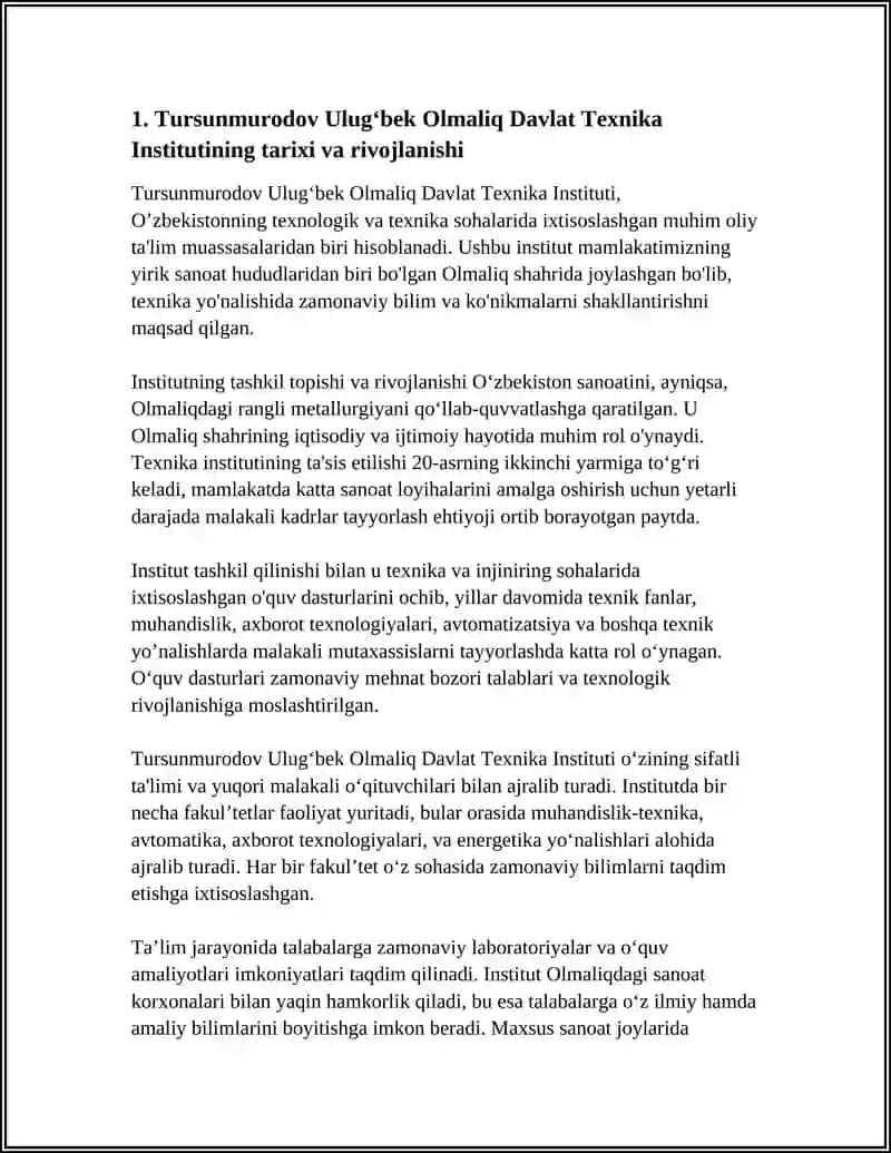Tursunmurodov Ulugʻbek Olmaliq Davlat Texnika Institutining tarixi va rivojlanishi 3