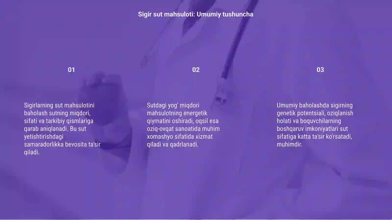 Sigirlarning sut mahsulotini, sutning yog'i va oqsilini hisobga olish va baholash 3