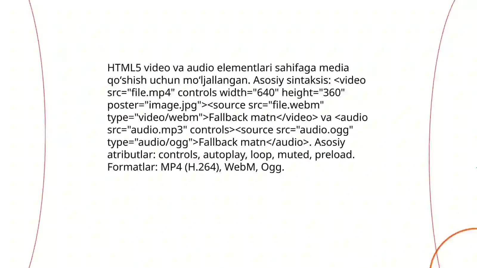 HTML5 ning yangi video va audio elementlarini ishlatish va ularni sahifalarga qòshish 3