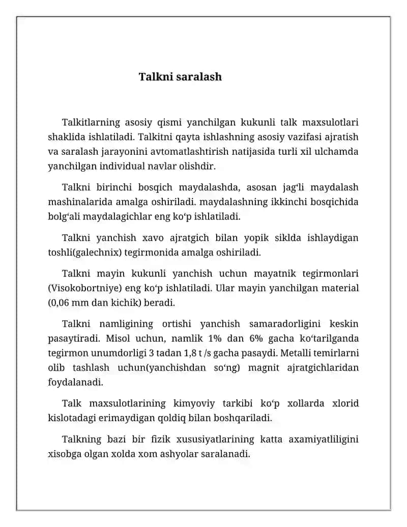 Talkli rudalarini boyitish texnologiyasi,boyitish sxemalari,fotometrik saralash va flotatsiyda boyitish 3