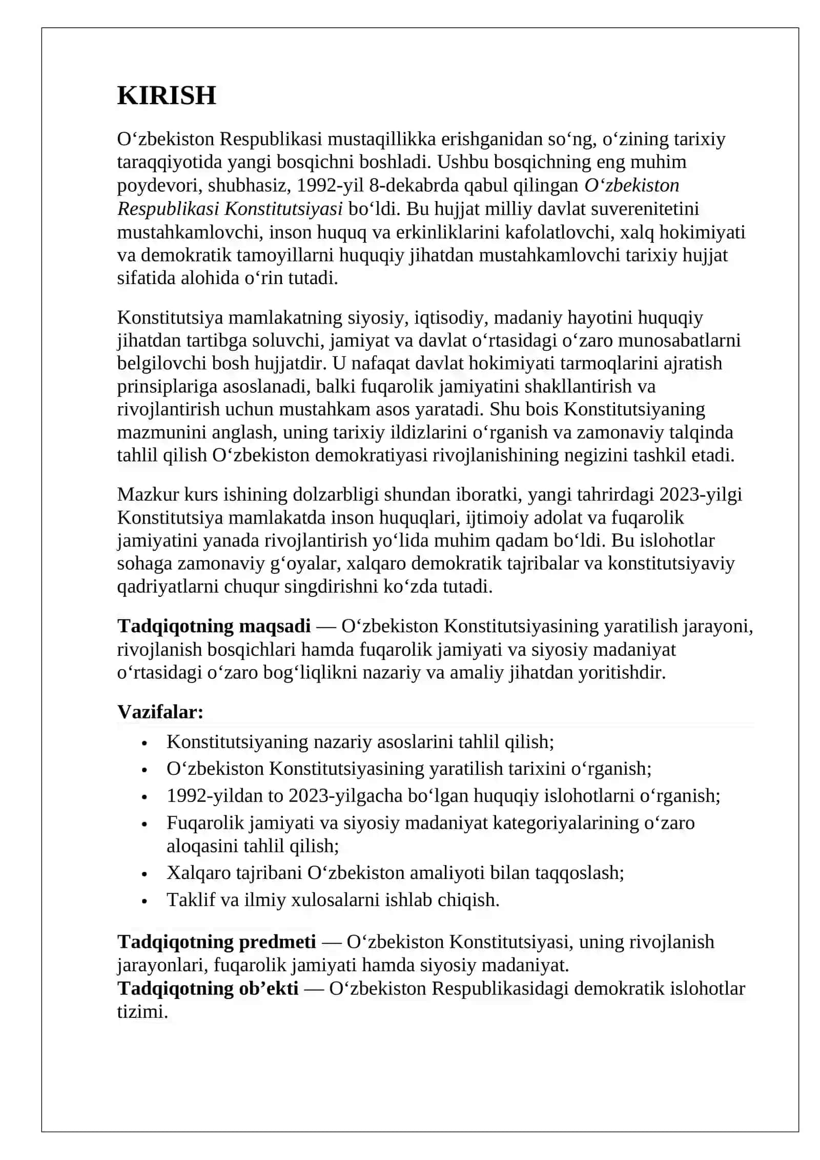 O‘zbekiston Konstitutsiyasi: tarix, rivojlanish bosqichlari va fuqarolik jamiyati (30 bet mukammal kurs ishi, 2026) 3