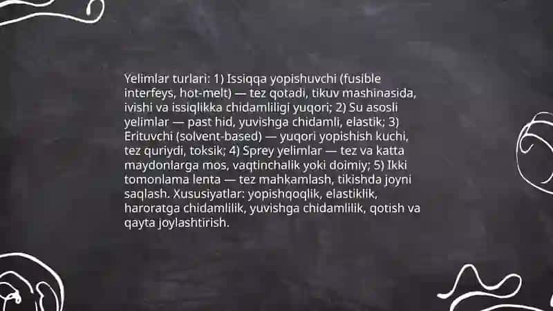 Yelimli materiallar turlari 3
