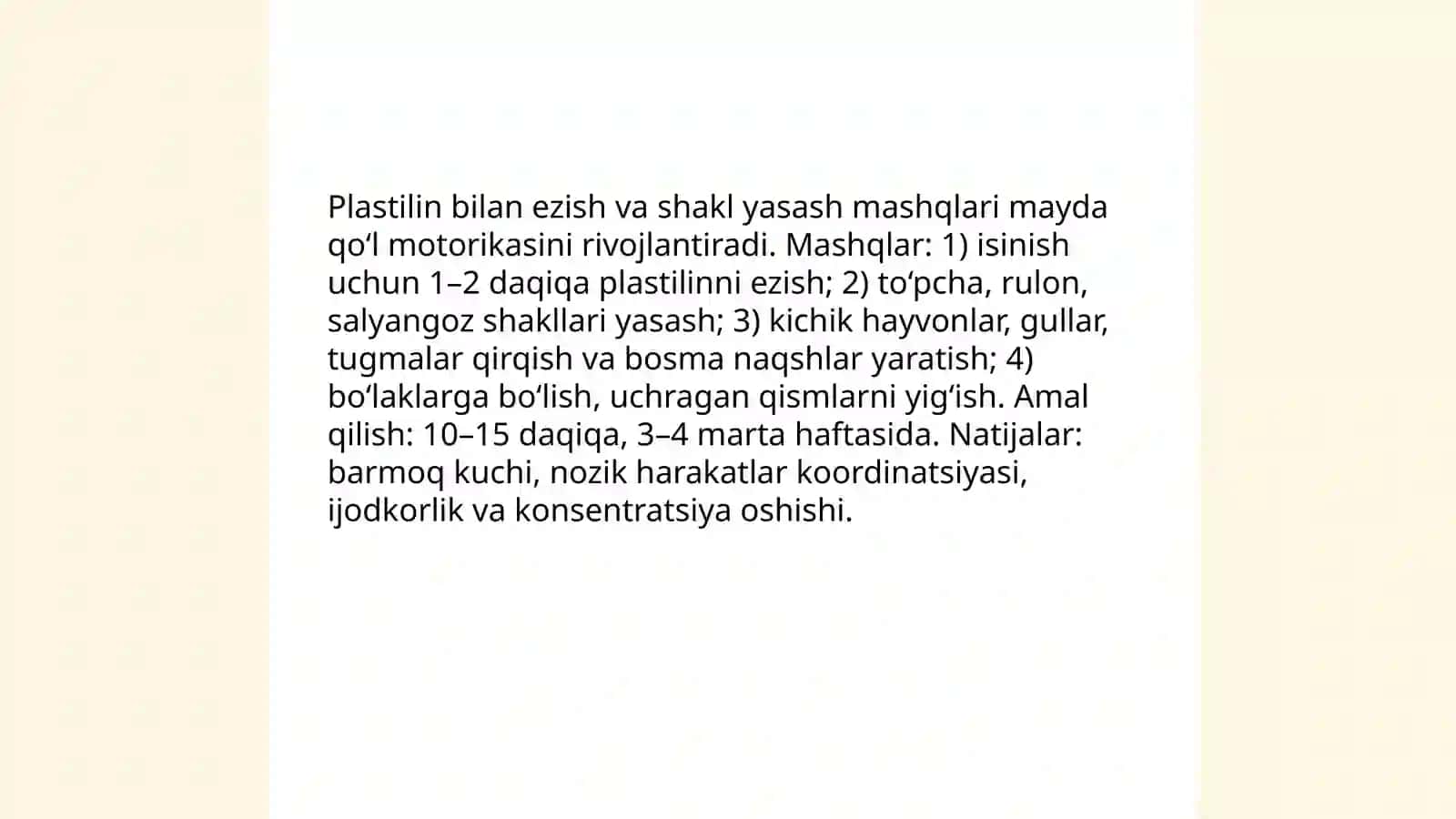 Plastilin bilan ezish va shakl yasash mashqlari 3