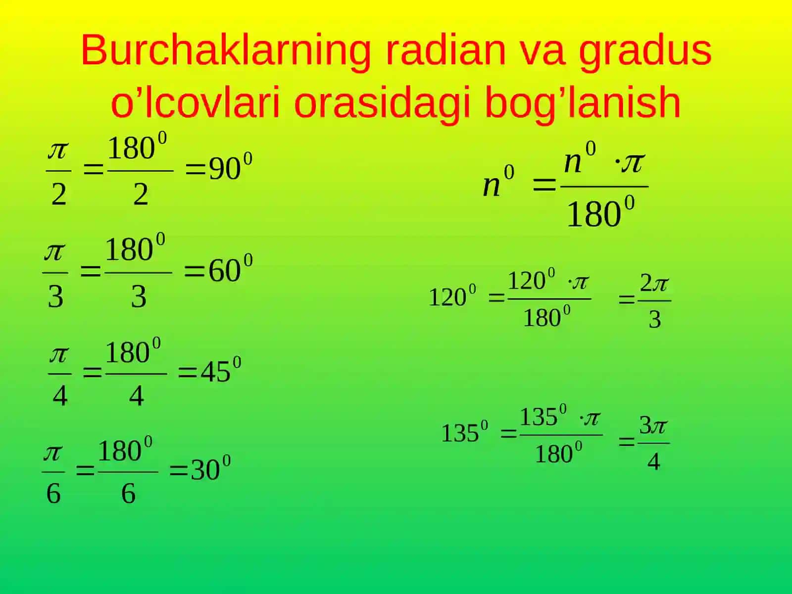 Burchaklarning radian va gradus o'lchovlari 3