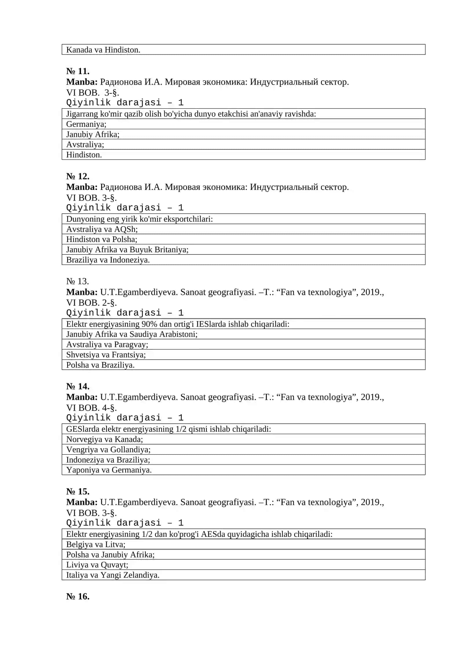 «SANOAT GEOGRAFIYASI» FANIDAN TEST SAVOLLARI 3