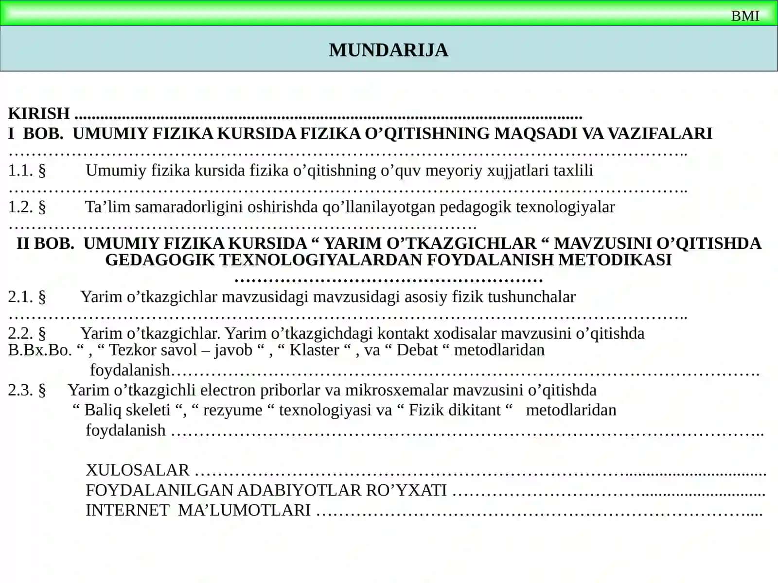 UMUMIY FIZIKA KURSIDA “ YARIM O’TKAZGICHLAR ” MAVZUSINI O’QITISHDA YANGI PEDAGOGIK TEXNOLOGIYALARDAN FOYDALANISH METODIKASI 3