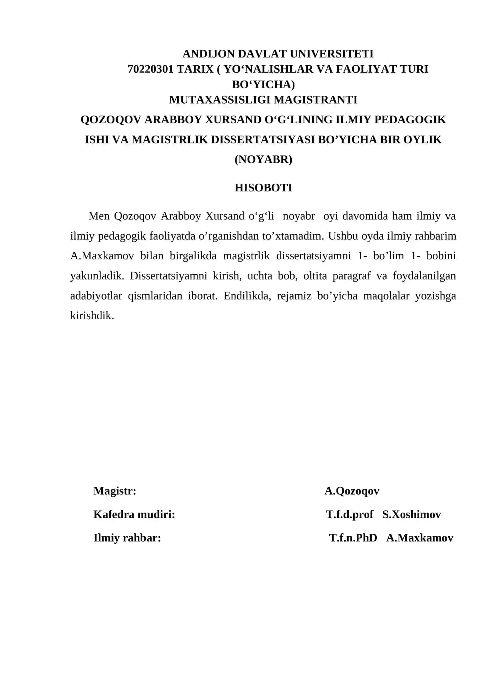 ILMIY PEDAGOGIK ISHI VA MAGISTRLIK DISSERTATSIYASI BO’YICHA BIR OYLIK (SENTABR) HISOBOTI 3