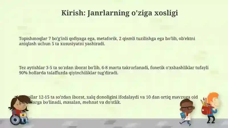 Topishmoq tez aytish maqol janiridagi asarlarni oʻqish metodikasi 3
