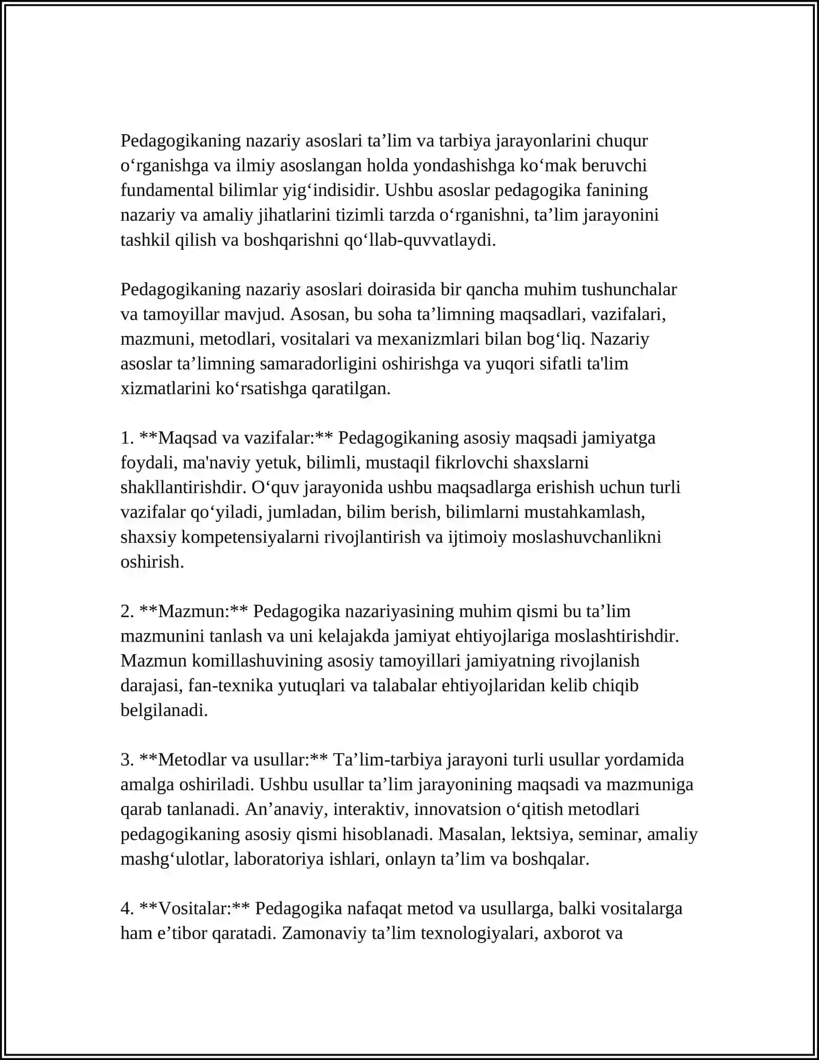 MUSTAQIL ISH Mavzu: BO'LAJAK O'QITUVCHILARNI PEDAGOGIK FAOLIYATGA TAYYORLASHDA "PEDAGOGIKA NAZARIYASI VA TARIXI" FANINING O'RNI VA ROLI 3