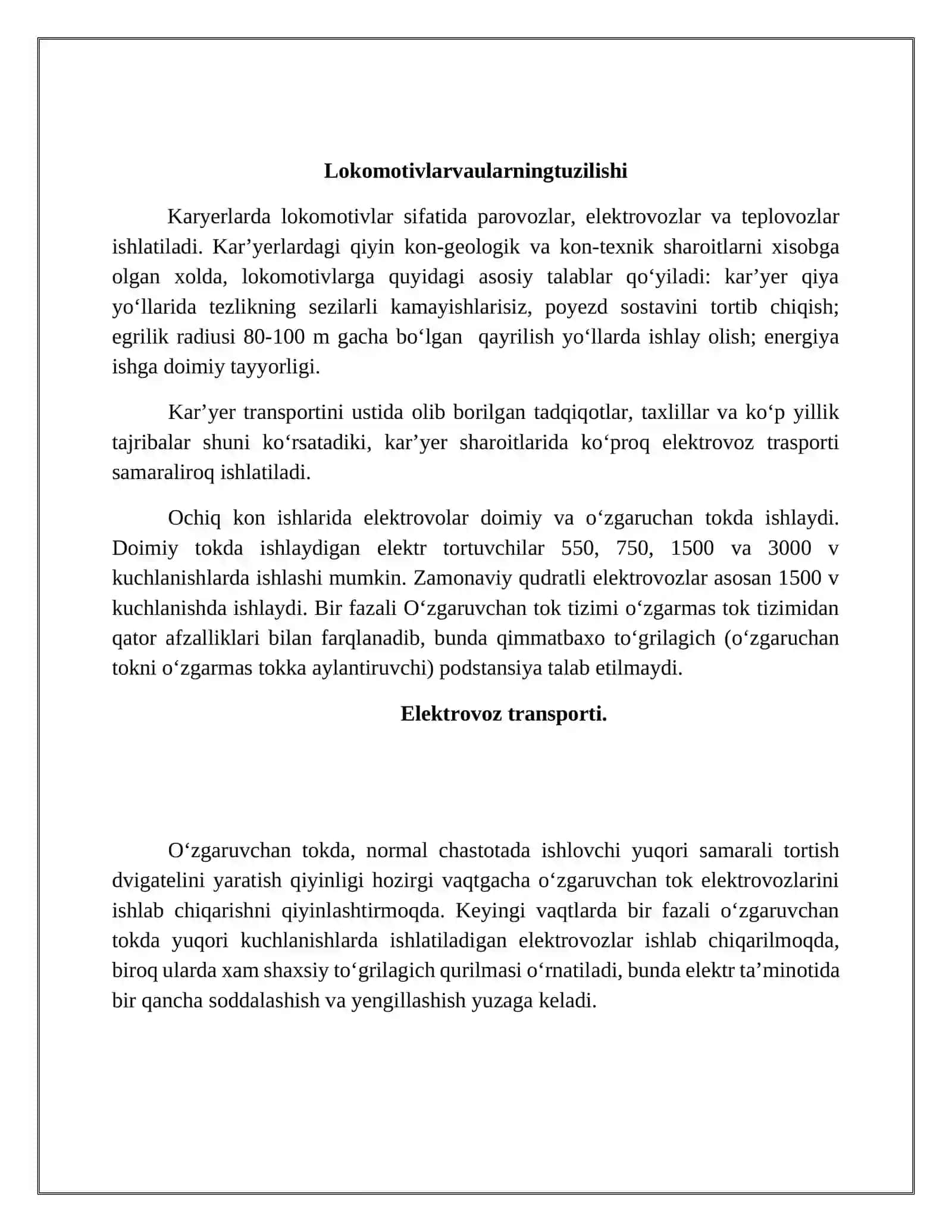 Lokomotivlar. Ularning tasnifi va tavsifi, asosiy parametrlari. Yer osti lokomotivlariga qo’yiladigan talablar 3