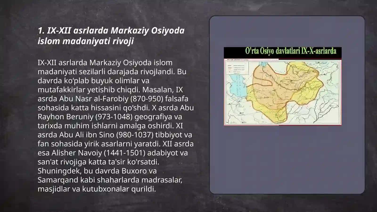 IX-XII asrlarda mamlakatimiz hududida roʻy bergan moddiy uygʻonish Buyuk alomalarining jahon sivilizatsiyasiga qoʻshgan hissasi 3