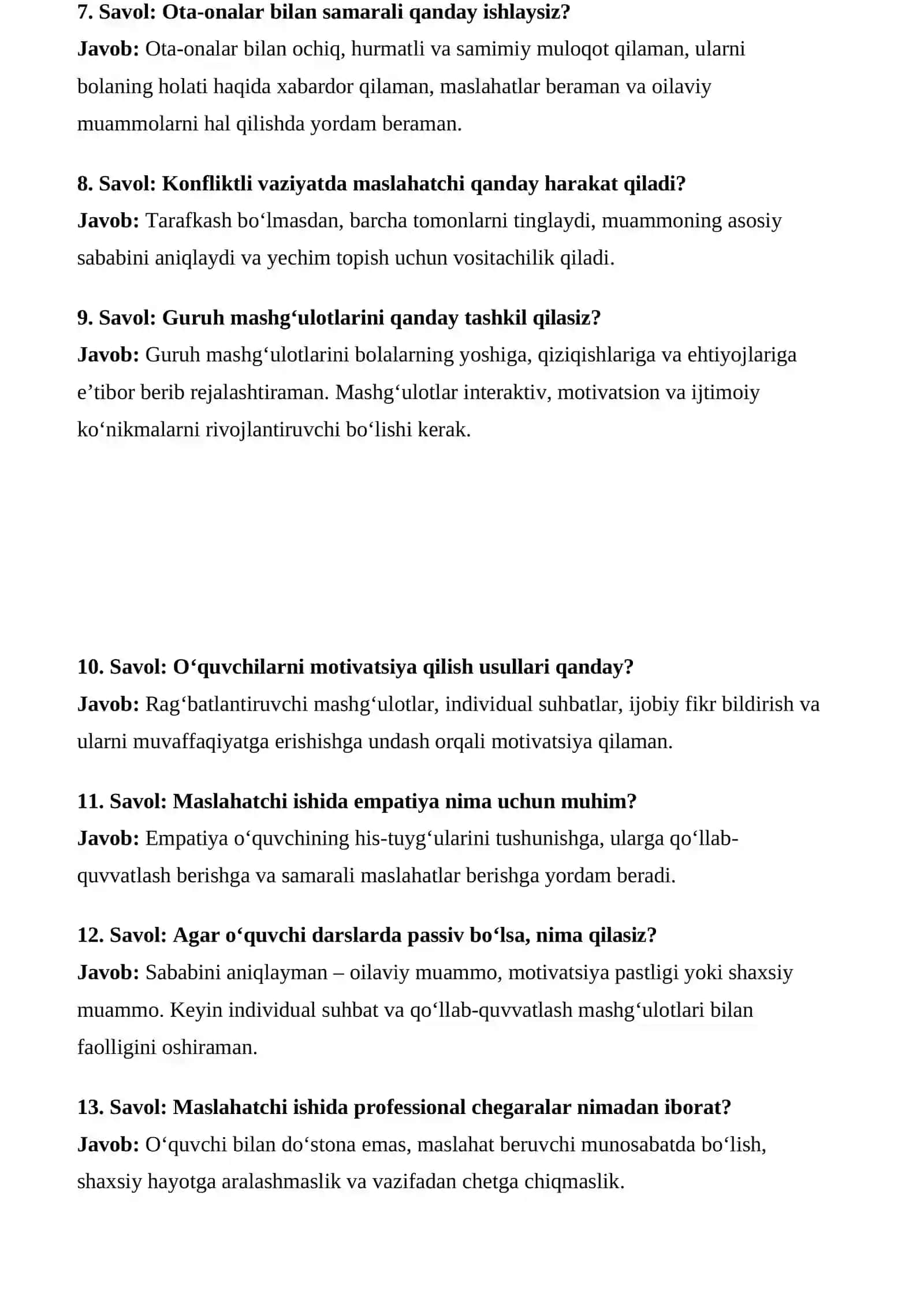 Maktab maslaxatchisi suhbat savollari va javoblari 3