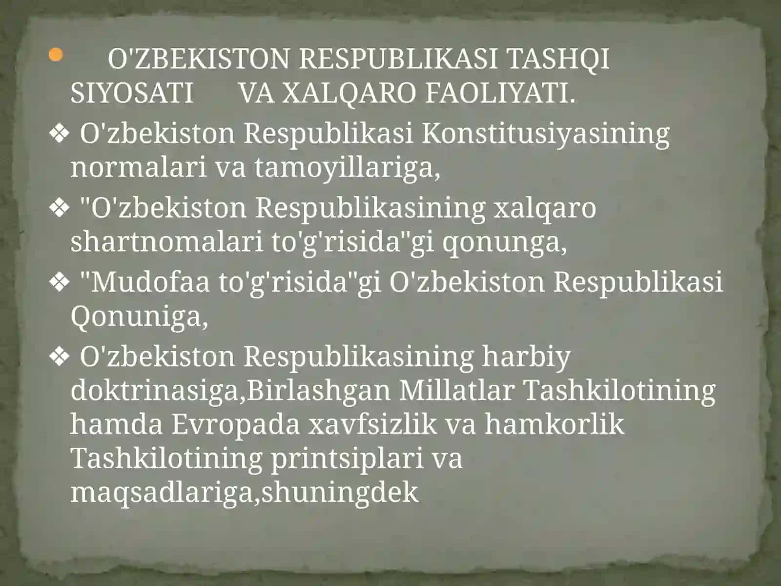O’zbekston Respublikasining  BMTga a’zo bo’lishi va jahon hamjamiyatidagi o’ziga xos o’rni. 3