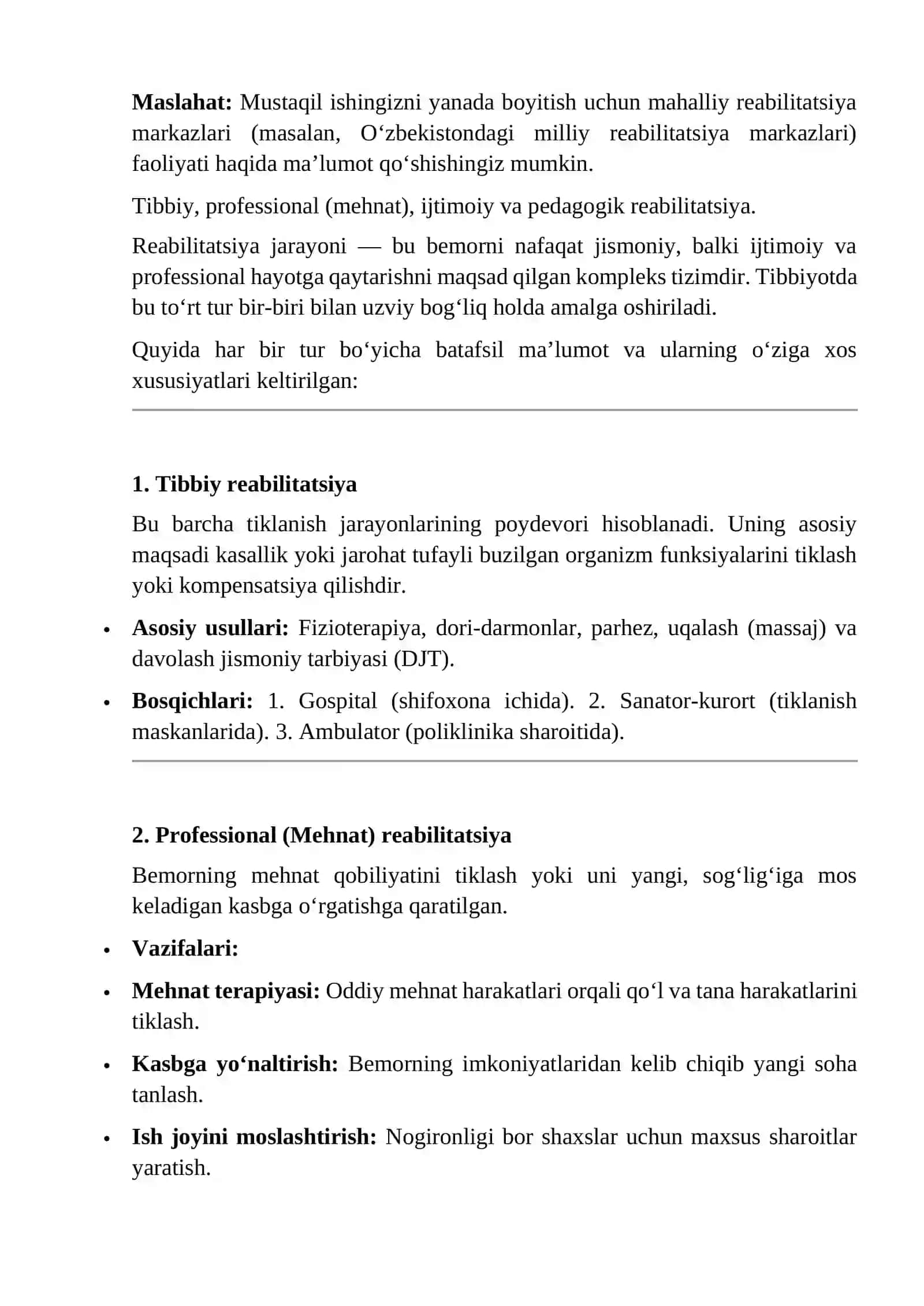 Reabilitatsiya turlari. Tibbiy, professional (mehnat), ijtimoiy va pedagogik reabilitatsiya 3