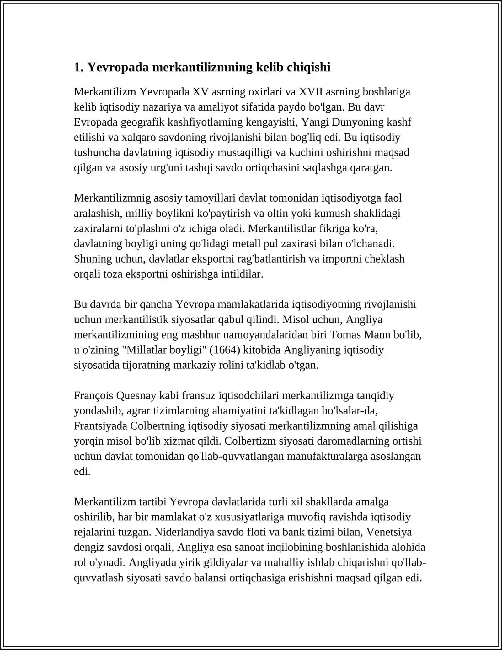 YEVROPADA MERKANTILIZM VA KLASSIK IQTISODIY MAKTABNING VUJUDGA KELISHI REFERAT 3