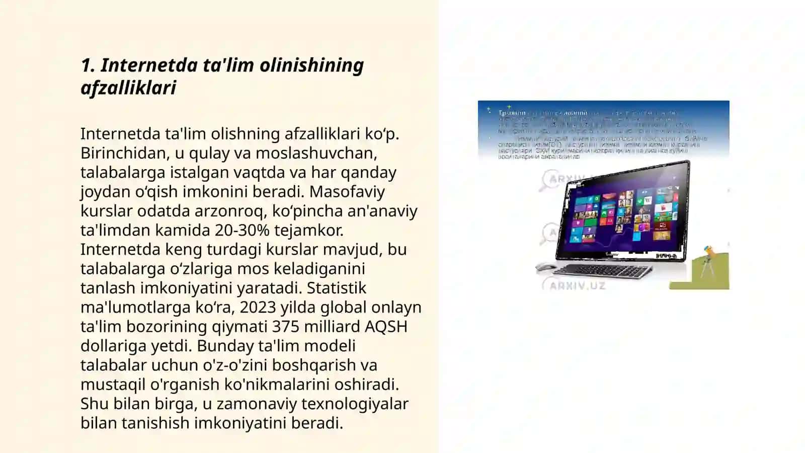 Internet,internetdagi ta'limiy dasturlar,elektron oʻquv qoʻllanmalar,multimedialar,virtual stendlar haqida 3