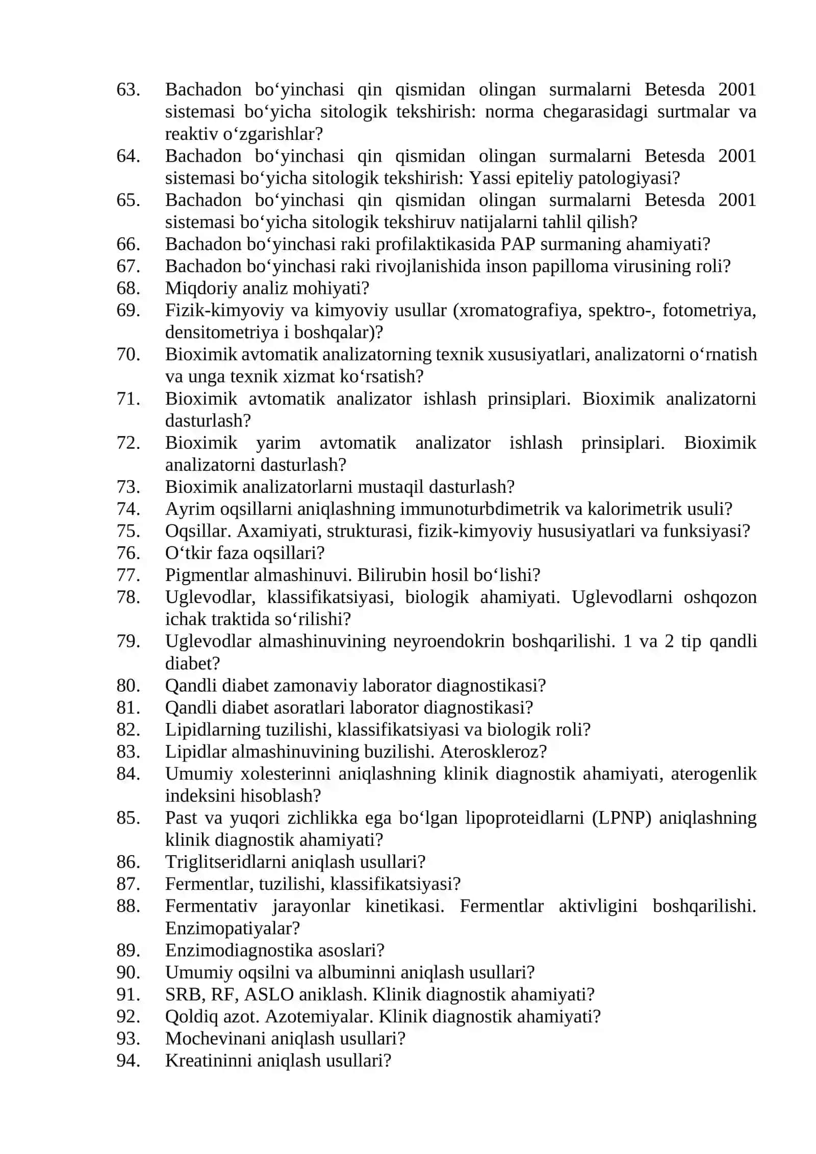 Klinik laboratoriya diagnostikasi mutaxassisligi bo'yicha shakllantirilgan og'zaki savollar ro'yxati 3