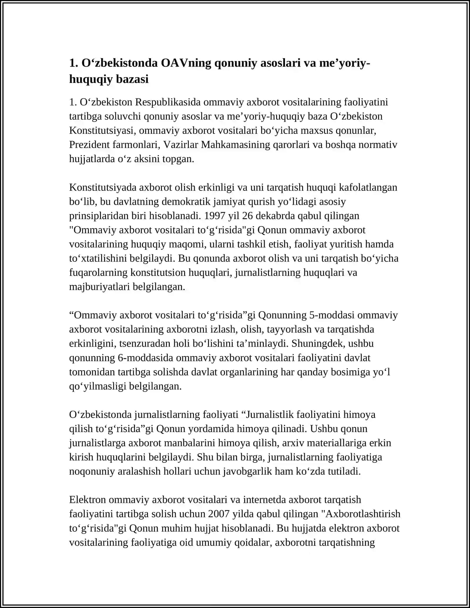 O‘ZBEKISTON RESPUBLIKASIDA OMMAVIY AXBOROT VOSITALARINING FAOLIYATI 3