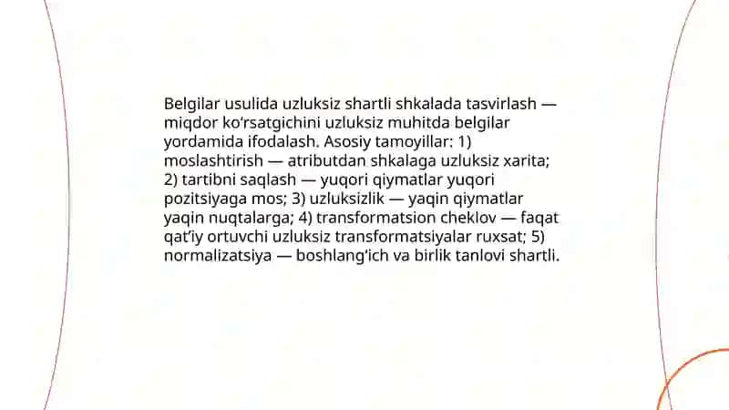 Belgilar usulida uzluksiz shartli shkalada tasvirlanganda miqdor koʻrsatgichlari 3