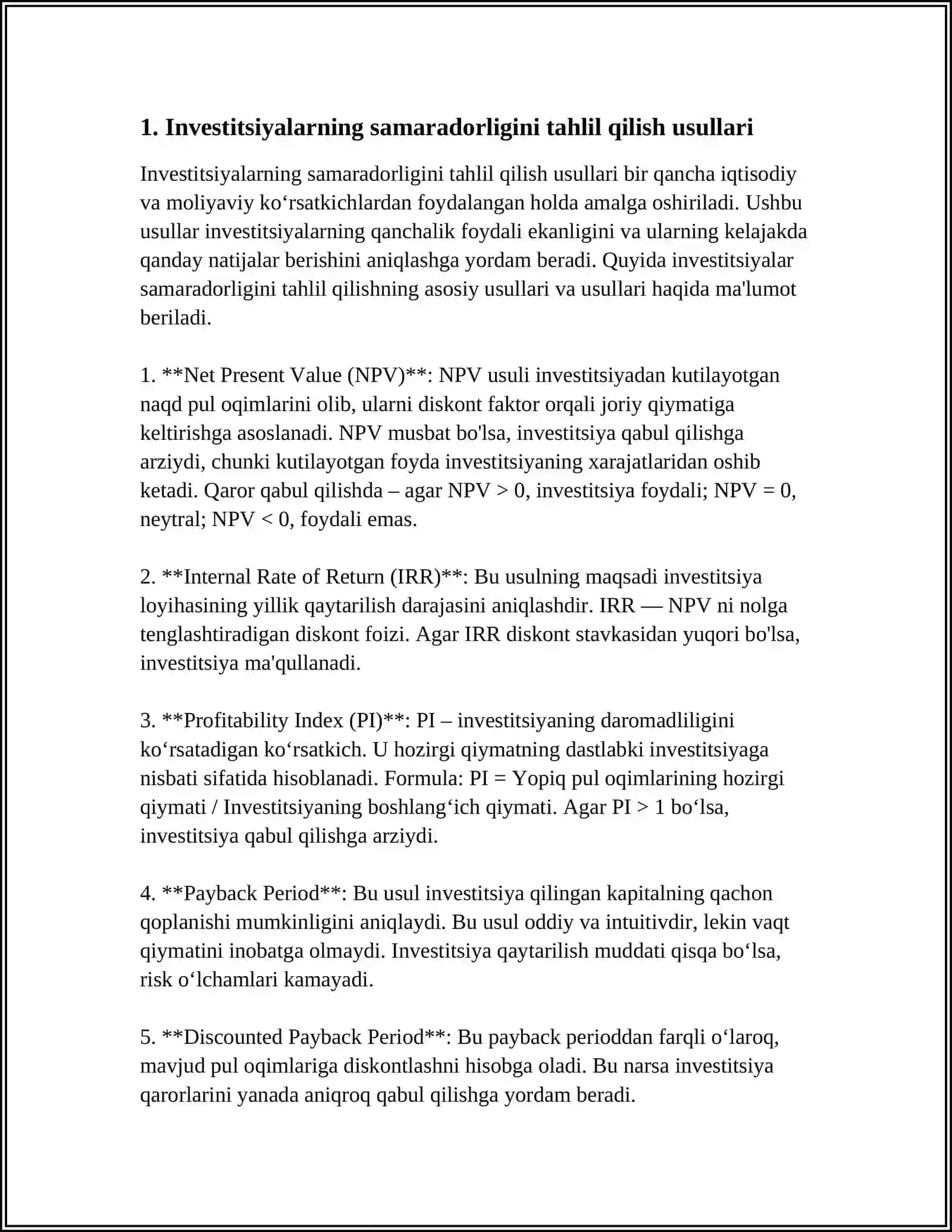 MOLIYAVIY REJALASHTIRISHDA INVESTITSIYALAR DAROMADLILIGI 3