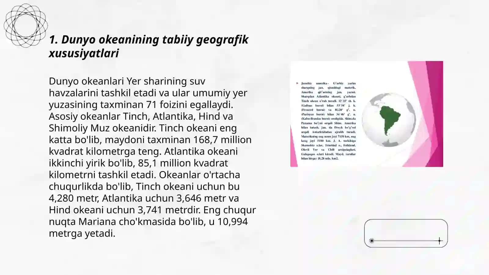 Dunyo okeanining reogenal birxilligi umumiy tabiiy geografik tarifi Tojimamatova oydinoy 3