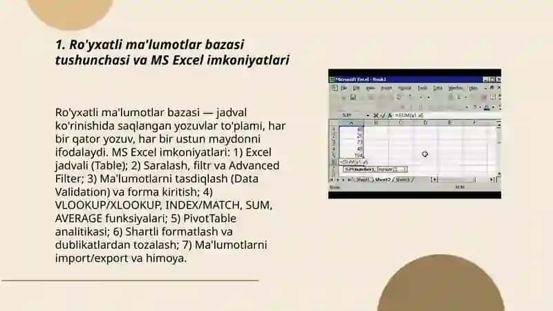 Ro'yxatli ma'lumotlar bazasi tushunchasi va MS Excel imkoniyatlari 3