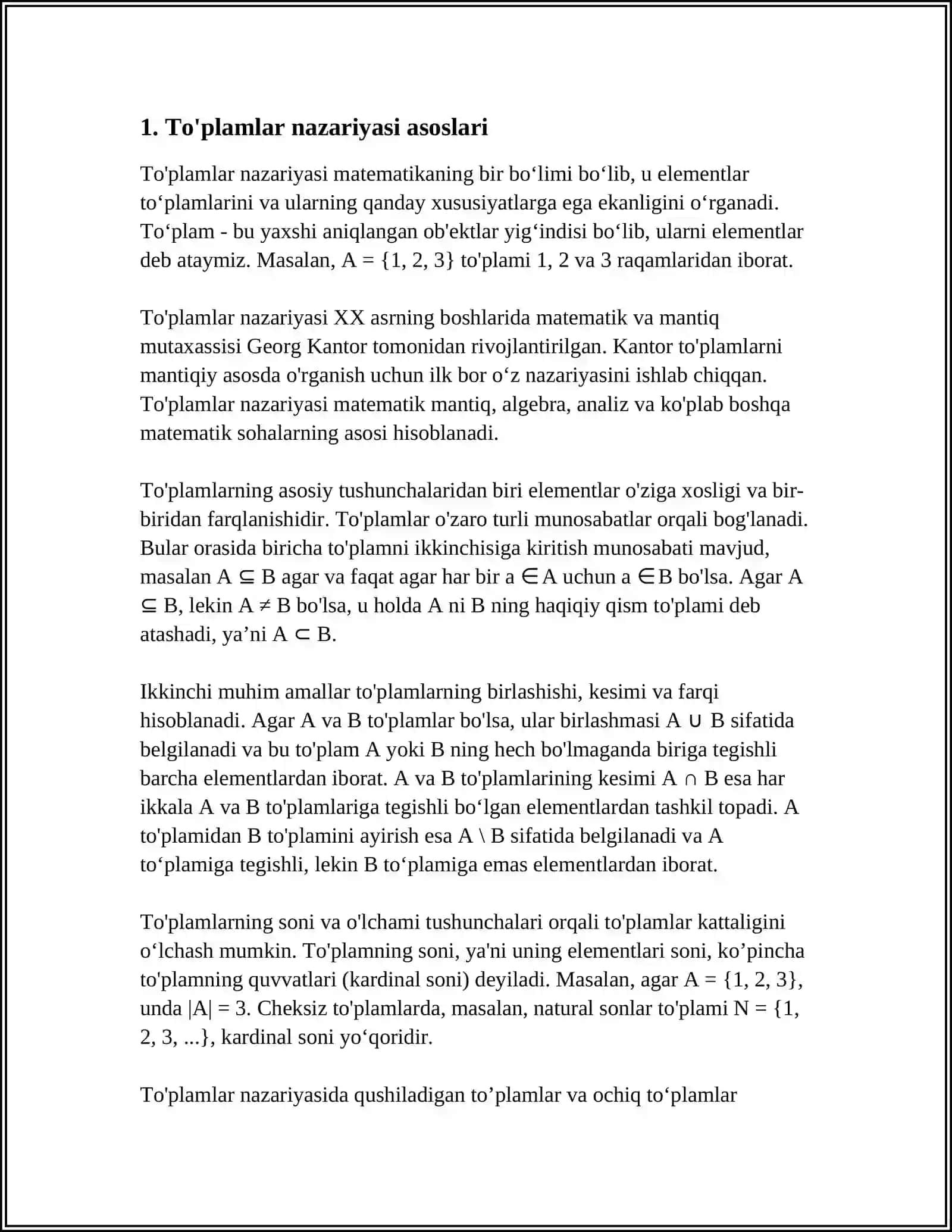 CHEKSIZ TO'PLAMLARNI QUVVATIGA KO'RA TAQQOSLASH MUAMMOLARI. DEDUKSIYA TEOREMASI VA POST TEOREMASI TADBIRLARI. CHEKLI TO'PLAMLAR QISM TO'PLAMLAR SONINI ANIQLASH USULLARI. FUNKSIYALAR KOMPOZITSIYASI. CHEKLI TO‘PLAMLARDA AKSLANTIRISHNING ELEMENTLAR SONIGA BOG‘LIQLIGI. DIRIXLE PRINSIPI 3