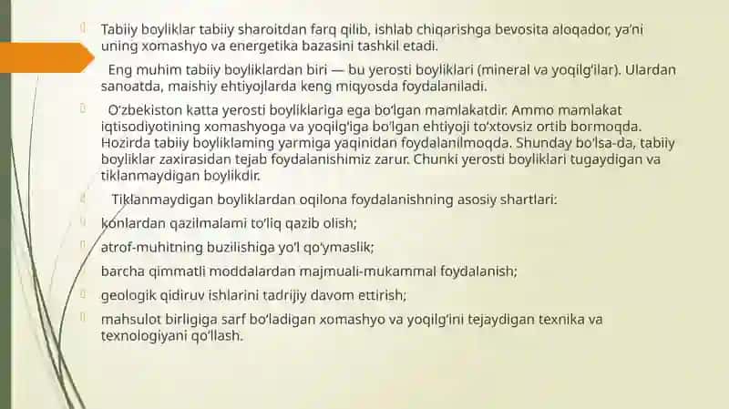 O'zbekistonning tabiiy sharoitiva resurslari, hamda ularning xalq xo'jaligidagi ahamiyati 3