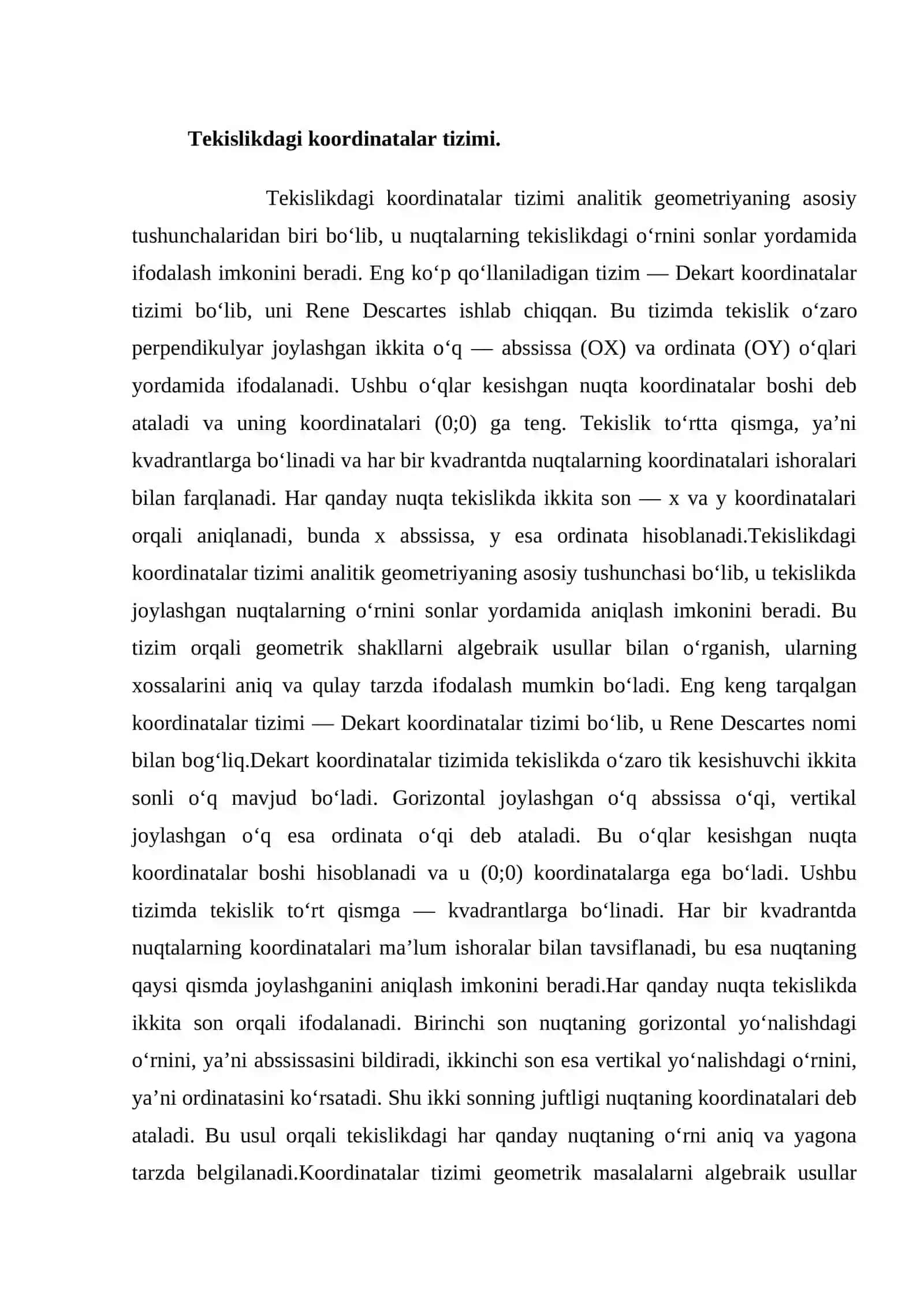 Tekislikdagi koordinatalar tizimi. Ikki nuqta orasidagi masofa. Segmentning berilgan nisbatda bo‘linishi 3