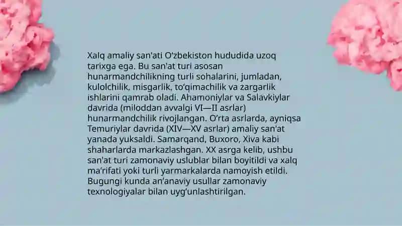 Xalq amaliy san’ati va hunarmandchiligi, milliy me’morchilik xalq maktabi 3