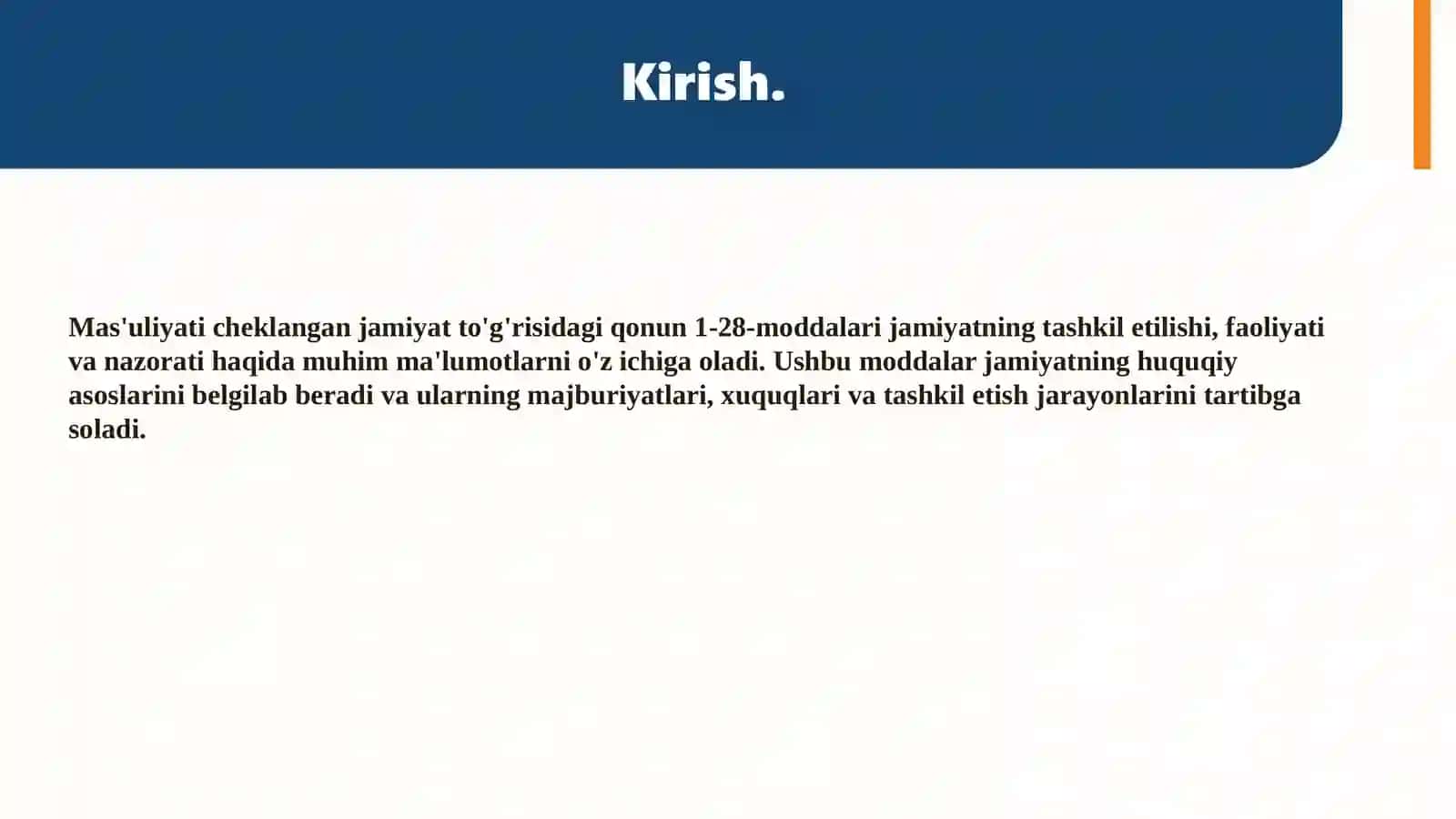 Mas'uliyati cheklangan jamiyat tõgʻrisidagi qonunining 1-28-moddalari. 3